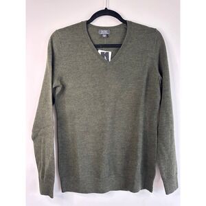 Lord & Taylor Extra Fine Merino Wool V-Neck Sweater Moss Heather Green Small NEW